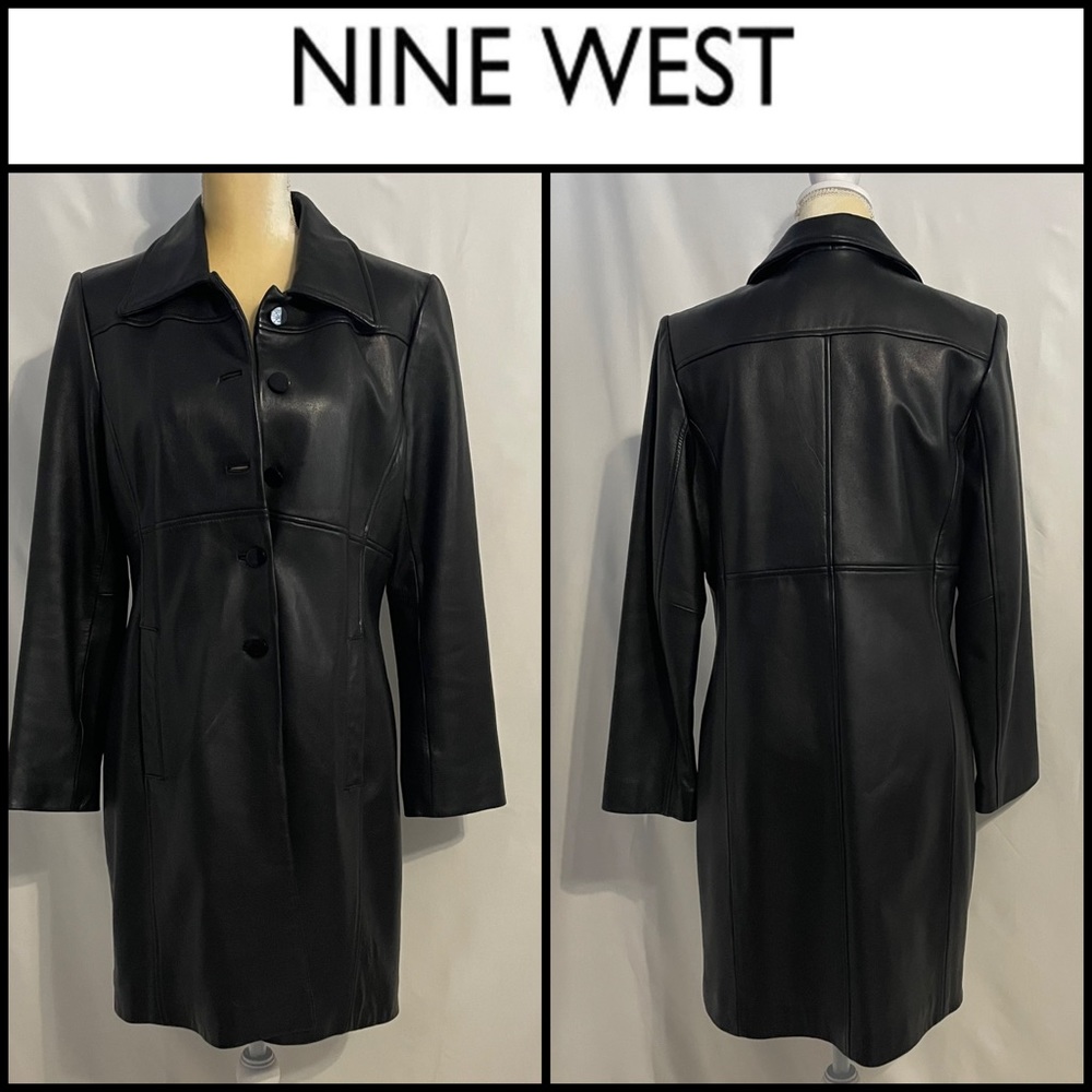 Nine West Genuine Leather Black Trench Coat.  Size Medium